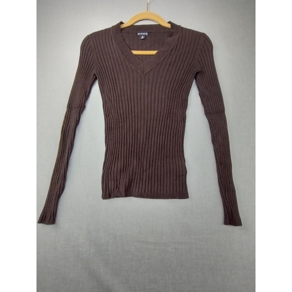 George Women's Brown Ribbed Long Sleeve V-Neck Slim Sweat Shirt Top Medium USED
